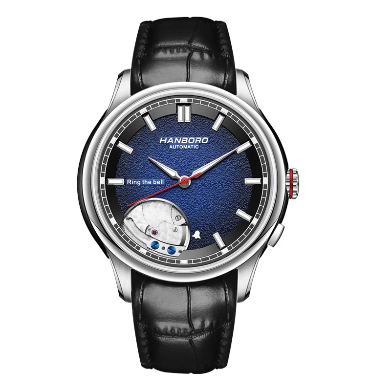 HANBORO Men Automatic Watch 41.5MM Luxury Mechanical Wristwatch 5Bar Sapphire Luminous Skeleton Dial Alarm Ring The Bell