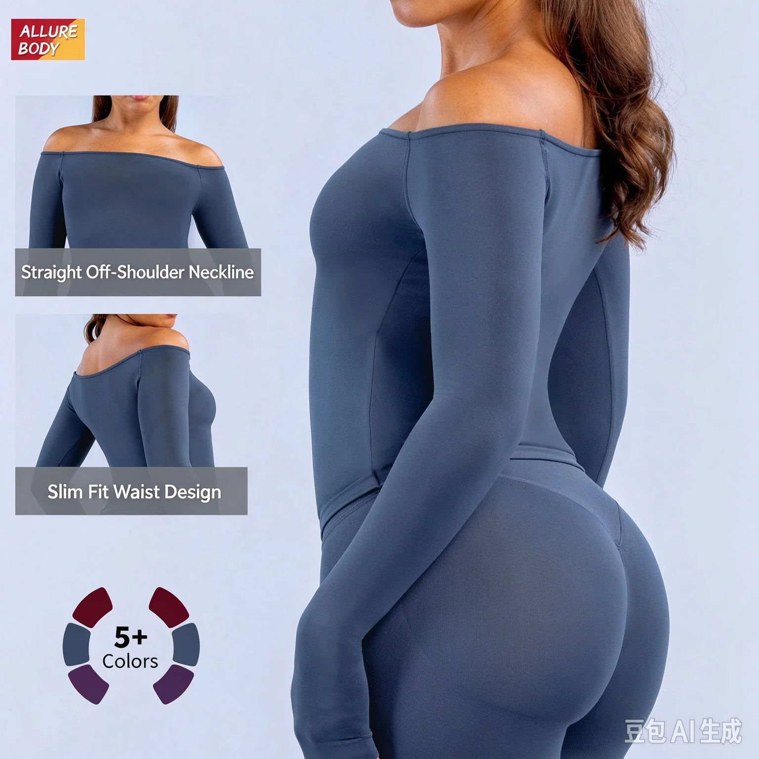 Womens Off Shoulder Long Sleeve Yoga Top Tight Fit Seamless High Stretch Solid Color Workout T Shirt for Gym Fitness Training