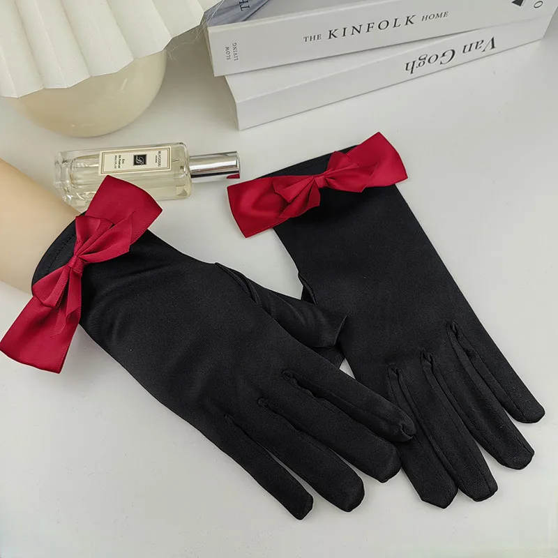 

Korean Black Satin Bow Wedding Dress Etiquette Gloves Retro Women's Short Banquet Party Bridal Dance Performance Accessories