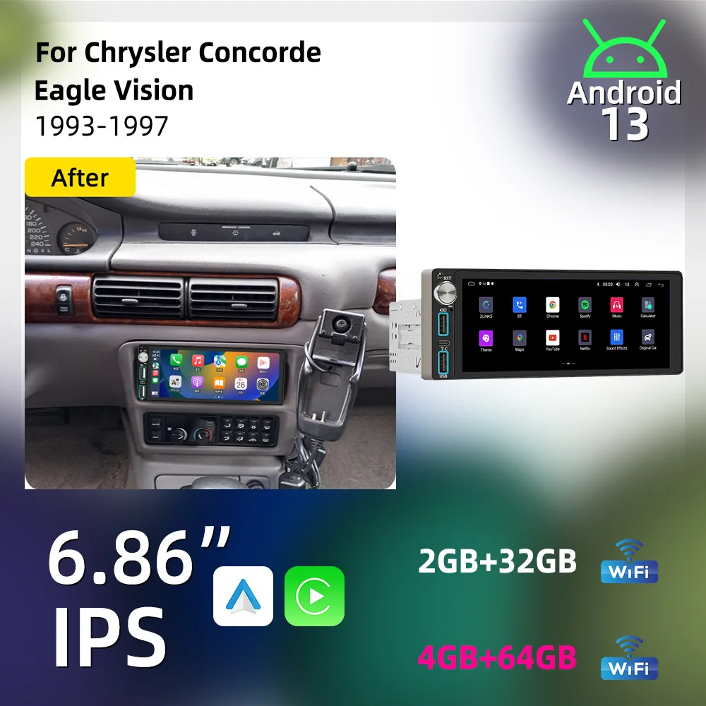 Estéreo para Auto Android de 6.86 Pulgadas con CarPlay, Unidad Principal 1 Din para Chrysler Concorde Eagle Vision 1993-1997, Radio, Autoradio, GPS, Multimedia