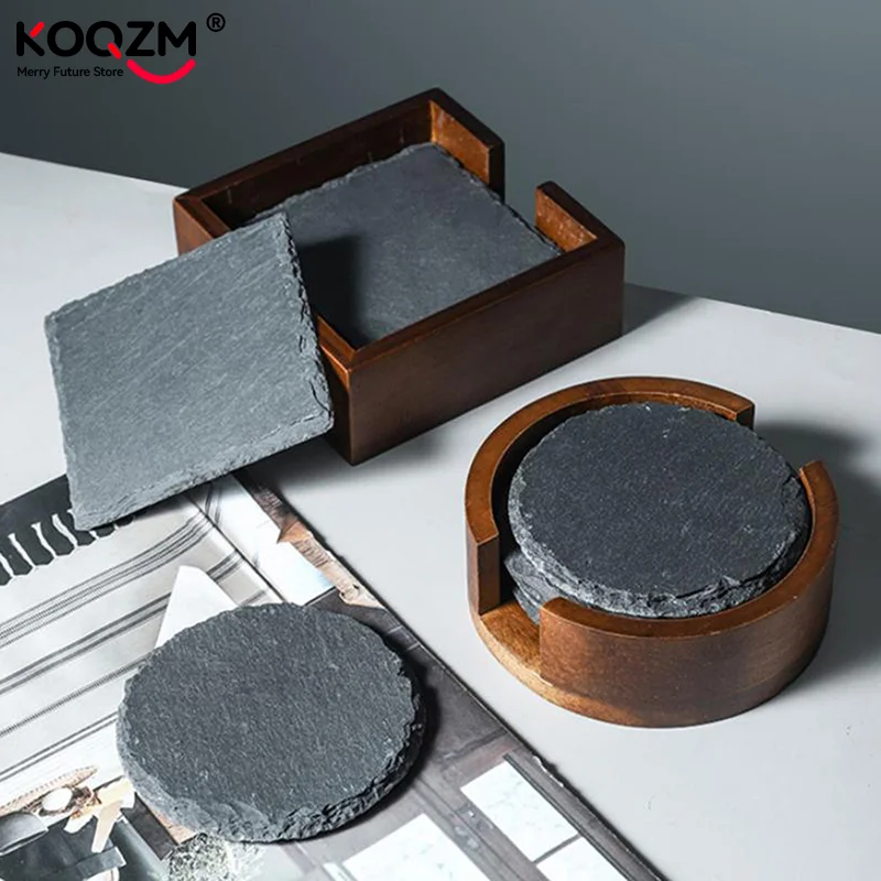 Table Coaster Japanese Style Reusable Slate Stone Drink Coaster Decorative Kitchen Tea Cup Mug Heat Resistant Rock Coaster