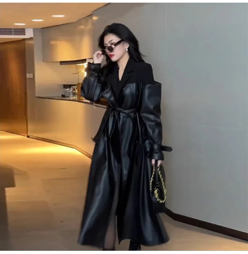 Lautaro Autumn Long Black Patchwork Pu Leather Trench Coat for Women Double Breasted Loose Stylish Luxury Designer Clothing 2023