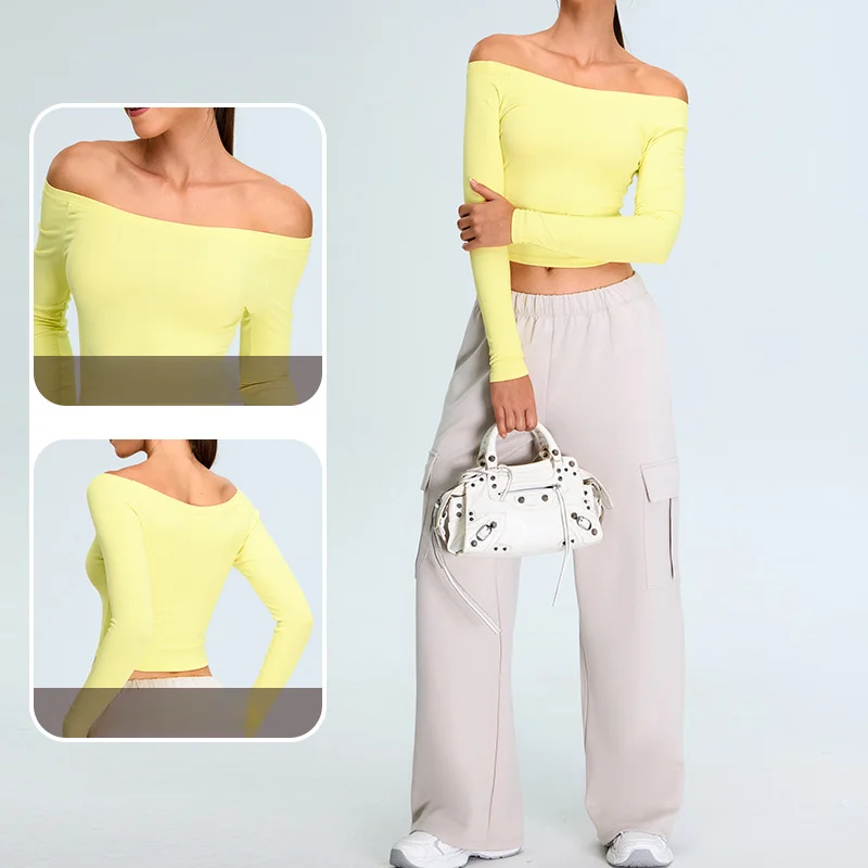 Off Shoulder Crop Top for Women Workout Gym Dance Top Spring Summer Top Boat Neck Slim Fit Casual Long Sleeve Shirt