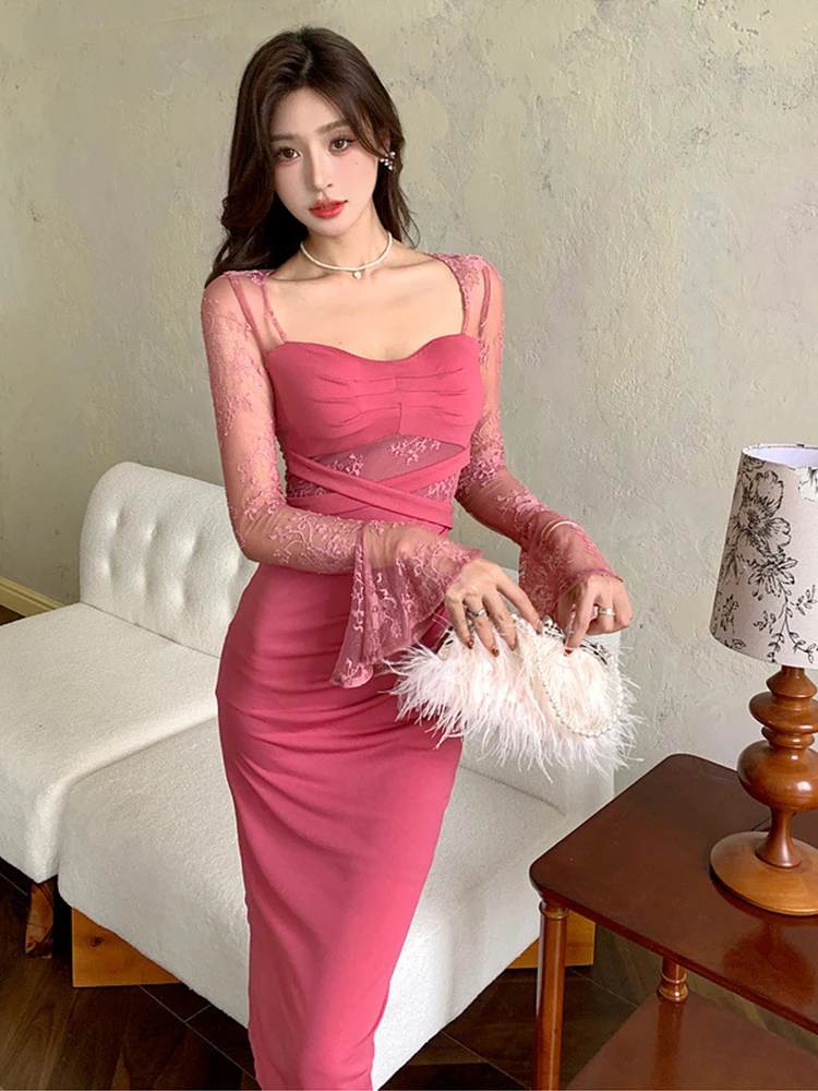 New Autumn Fashion Sweet Stretchy Long Dress Women Clothes Elegant Sexy Square Collar Skinny Folds Midi Robe Party Prom Vestidos