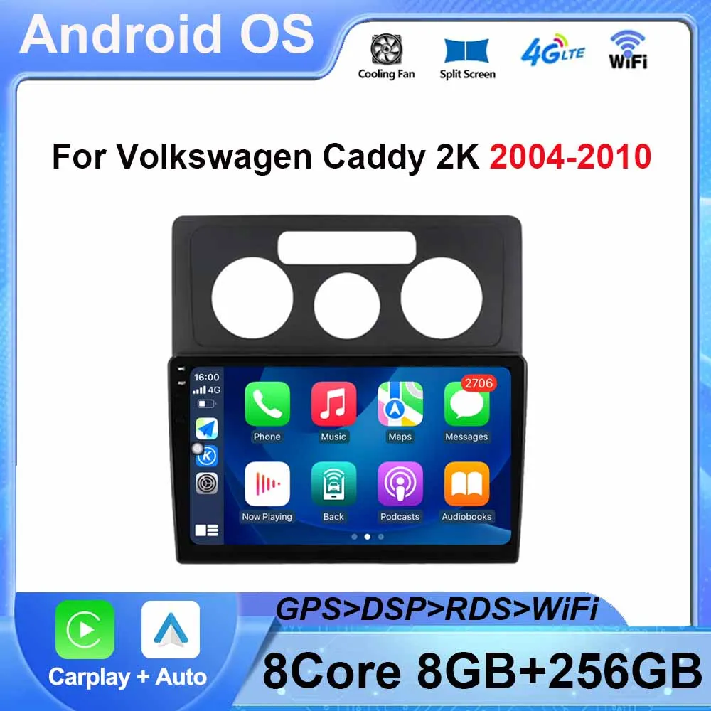 Lecteur vidéo de voiture pour VW Volkswagen Caddy, autoradio, navigation GPS, audio stéréo, WIFI, DSP automatique, limitation, 2K, 2004-2010, 10 pouces