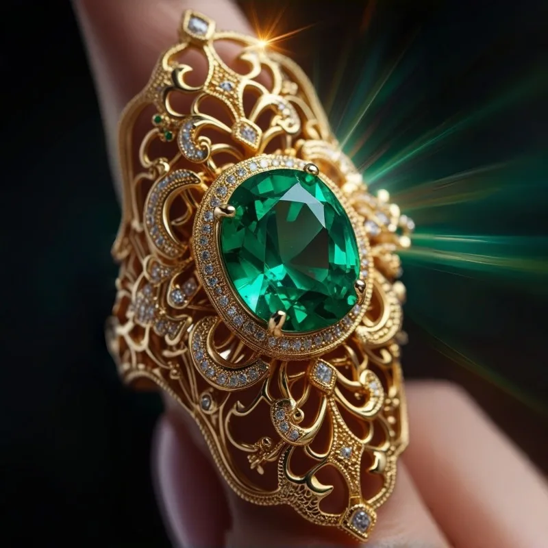 Schillernder Eingelegter Weiß-Grüner CZ Hohlring für Damen Vintage Goldfarben Handgeschnitzt Tägliches Tragen Party-Schmuck Jubiläumsgeschenk