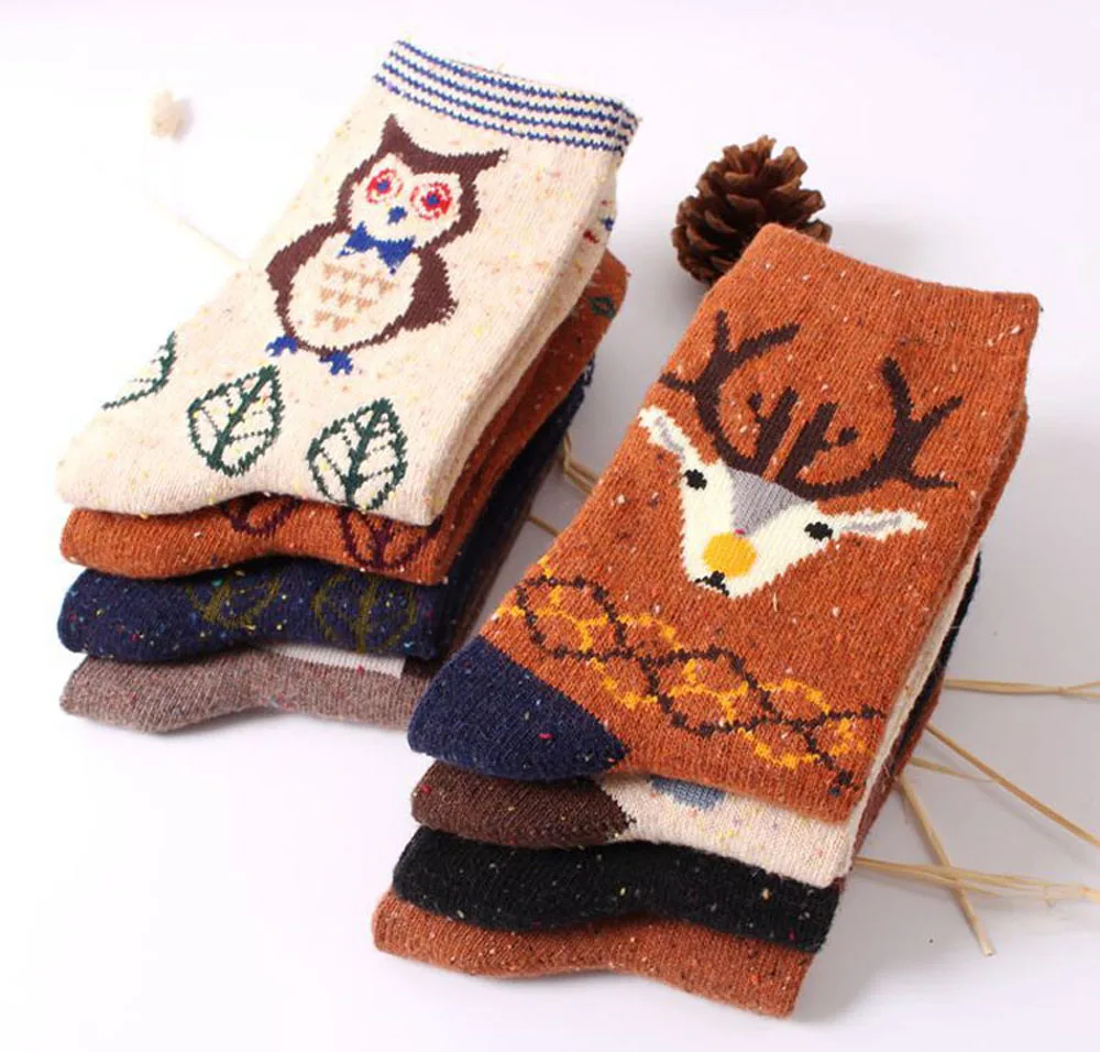 3 Paar/Set Vintage Dicke Kaninchenwollsocken für Damen Retro Winter Harajuku Tiermotive Eule Hirsch Katze Elefant Niedlich Süß – Detail 5