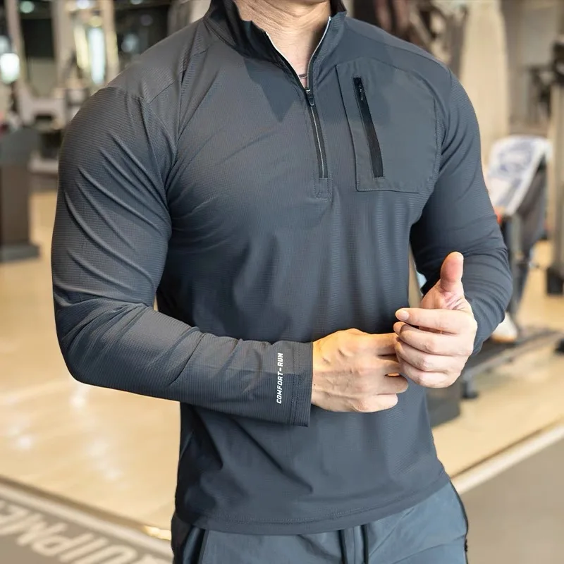 Langarm schnell trocknen im Freien Training Laufen T-Shirts Fitness atmungsaktive Turnhallen Männer Kleidung Jogger Reiß verschluss Tasche Sport hemden