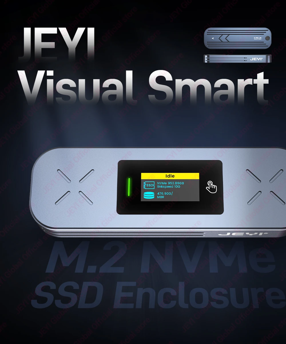 JEYI M.2 NVMe/SATA SSD Smart Display Gehäuse USB 3.2 10Gbps Tragbares Externes M2 Adaptergehäuse Unterstützt M-Key B+M Key UASP Trim – Detail 1