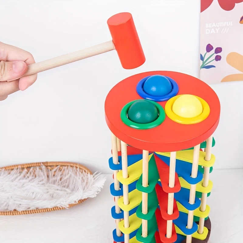 Gioco con rulli in legno, include 3 palline colorate, ideale per lo sviluppo cognitivo e l'aumento delle capacità motorie