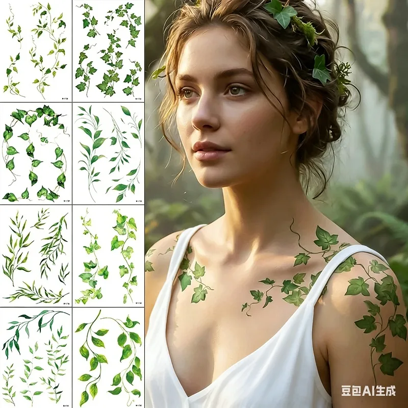 

Временная татуировка-наклейка для женщин: летний зеленый лист, виноградная лоза, водонепроницаемая, с изображением лесных растений, для создания эффекта фальшивой татуировки