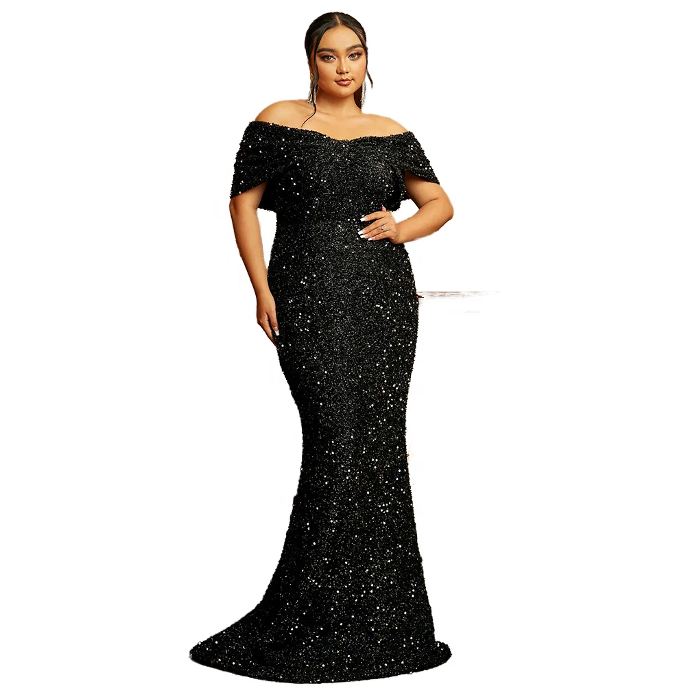 Black Mermaid Long Evening Gown Plus Size Sequin Party Dresses With Off Shoulder