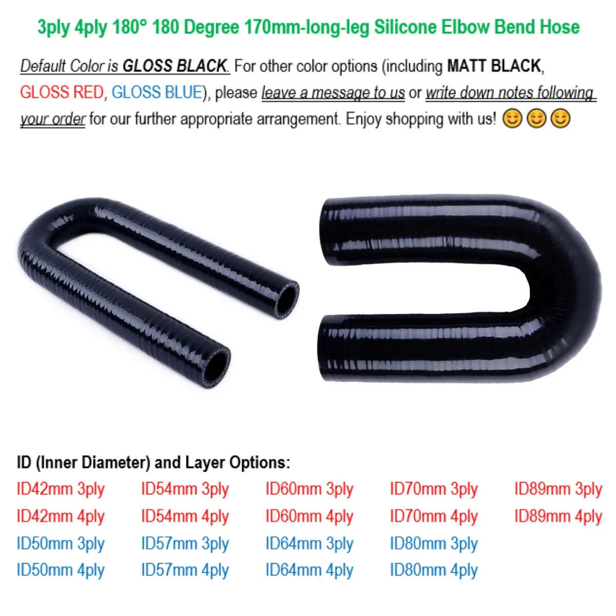 Gloss Black 180° 180 Degree Elbow Bend 3ply 4ply 170mm-long-leg Silicone Hose ID 42mm 50mm 54mm 57mm 60mm 64mm 70mm 80mm 89mm