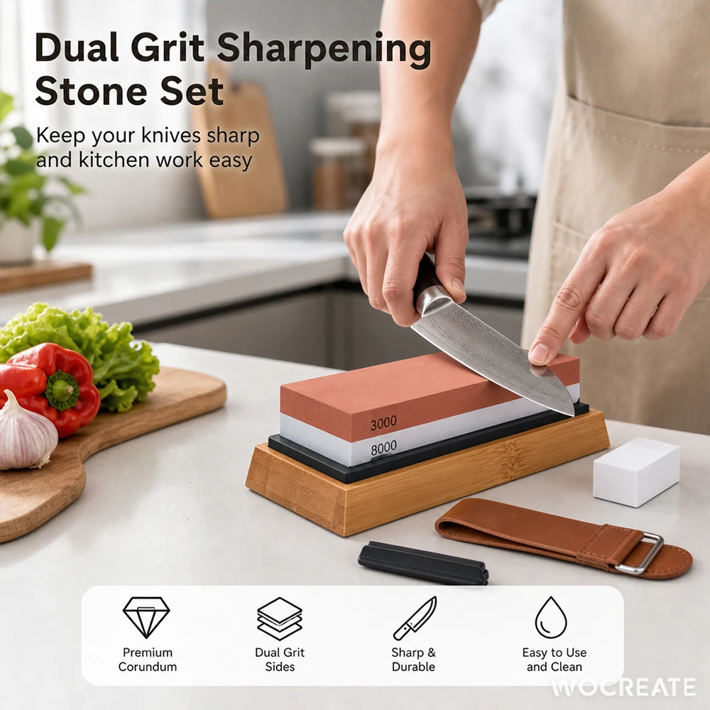 Whetstone Knife Sharpening Stone Set White Corundum Double-Sided Sharpener 400/1000 3000/8000 Grit, Bamboo Base, Leather Strop,