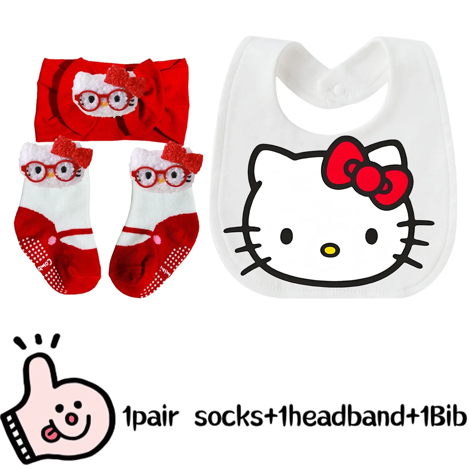

3-piece newborn headscarf Kawaii wipes crib socks high-elasticity bow 3D plush head baby girl walking headband fashionable child