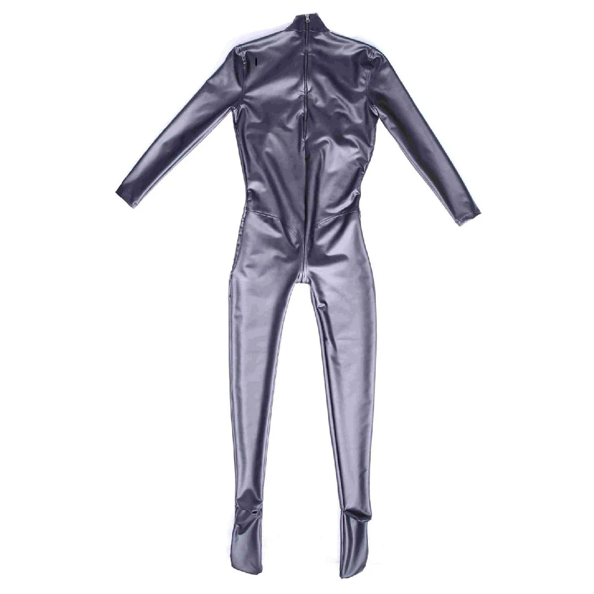 Role Play Long Sleeve Faux Leather Catsuit Jumpsuit Zip Open Crotch Cosplay Bodysuit Breast Three-Dimensional Splicing Unitard