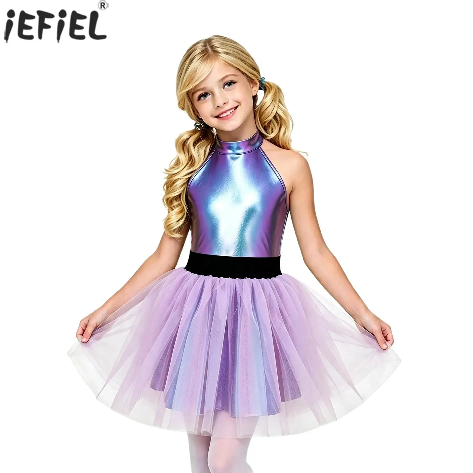 Kids Girls Metallic Shiny Alien Dress Halter Sleeveless Layered Ruffled Tulle Ballet Dance Tutu Dress for Halloween Themed Party