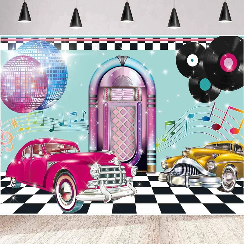 Photography Backdrop 1950s Rock Roll Prom Dance Diner  Music Classic Disco Retro Cars Banner Birthday Party Decor Background