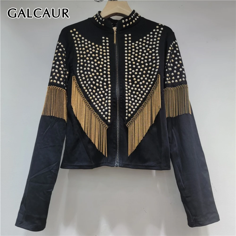 

GALCAUR Solid Spliced Beads Chic Jacket Female Stand Collar Long Sleeve Patchwork Tassel Streetwear Women's Jackets Fashion New