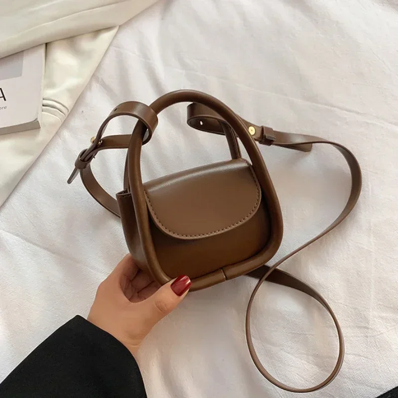 Fashion Solid Color Mini Shoulder Bags Black Brown Pu Leather Cross Body Bags Women Handbags Earphone Lipstick Small Storage Bag