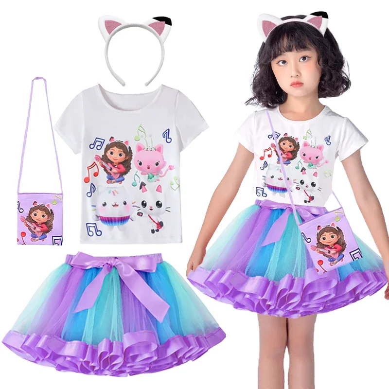 LZH Gabby Dollhouse Girls Clothes Kids Halloween Carnival Cosplay Costume Sets Summer Tops Bow Skirt Bag Children Clothing Suit