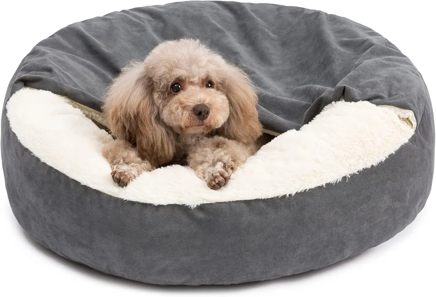 

30" Washable Dog Bed with Attached Blanket, Anti-Slip Bottom, Charcoal Gray for Medium Dogs Up to 45lbs