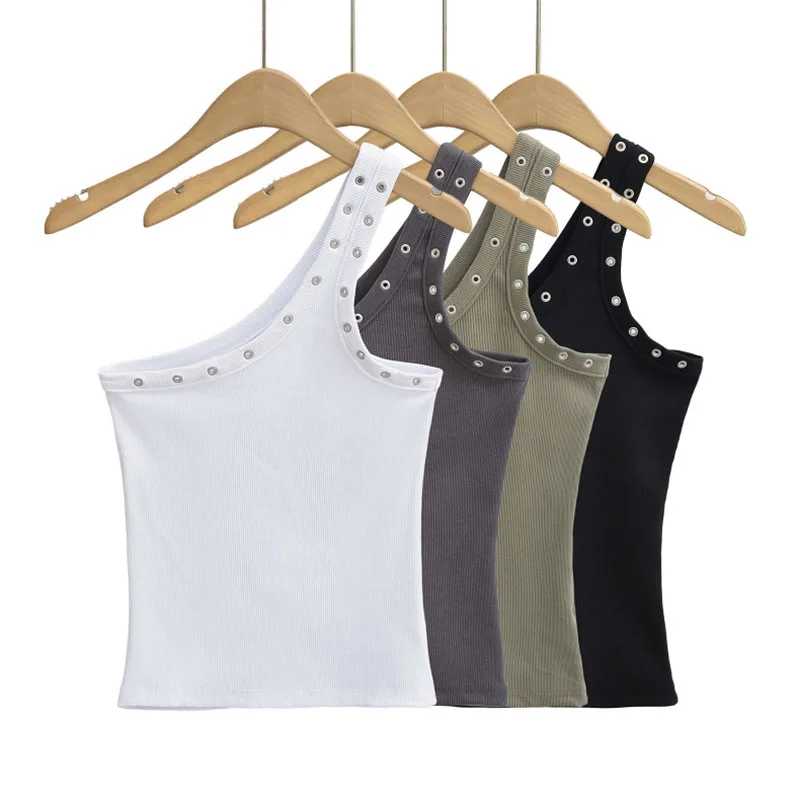 

Basic Slim Fit Ribbed Tank Tops for Women Solid Color Design Sense One Shoulder Vest Woman Streetwear Y2K Trend Knit Crop Tops