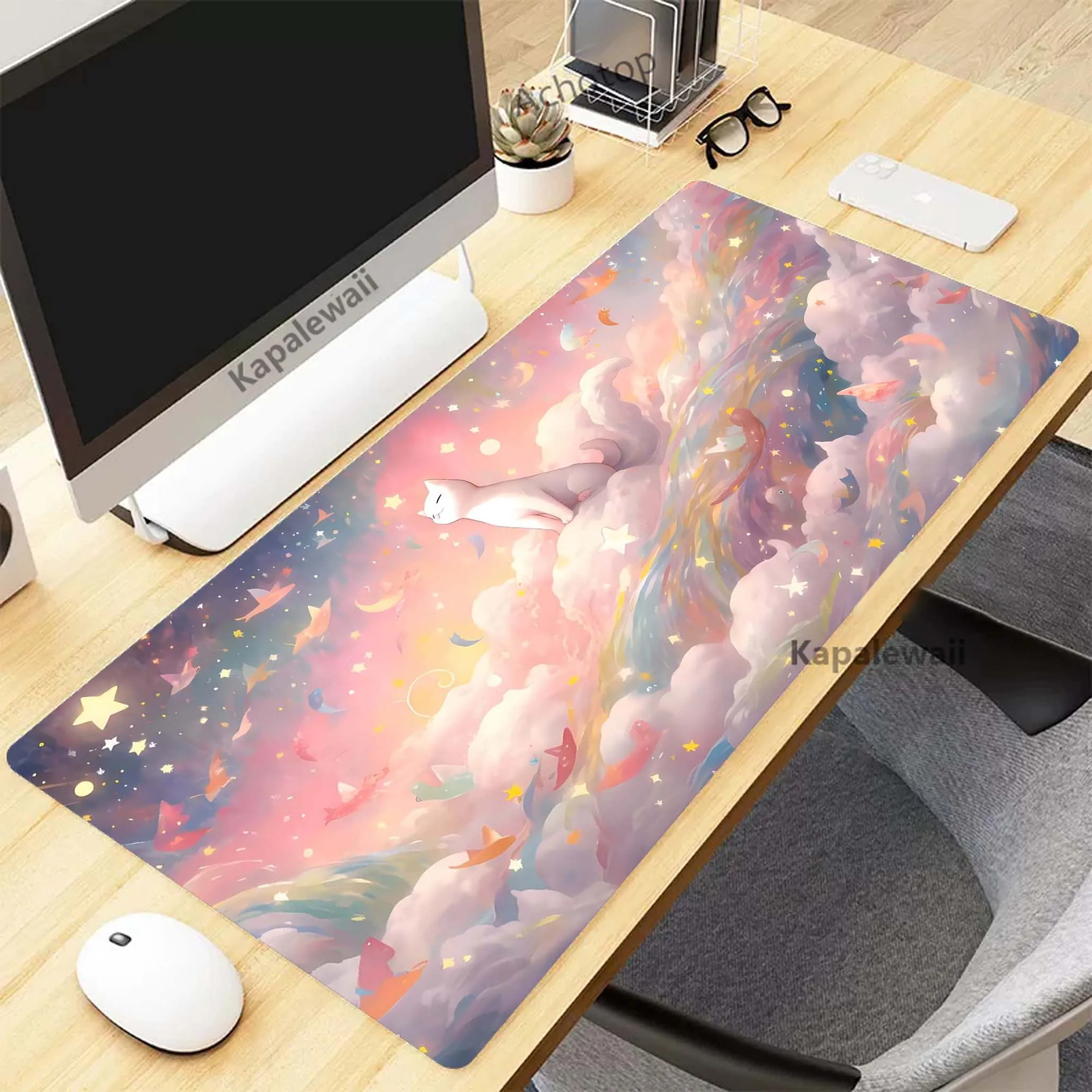 

Kawaii Cute Cat Green Pink Large Mouse Pad Pc Gamer Mousepad HD Print Gaming Keyboard Pads XXL Table Carpet Rubber Desk Mat