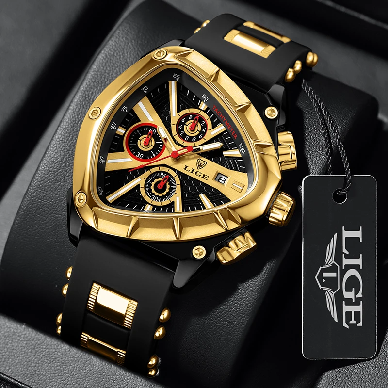 

LIGE Top Brand Luxury Man Wristwatch Waterproof Luminous Date Triangle Shape Men Watches Silicone Quartz Men's Watch Male relo