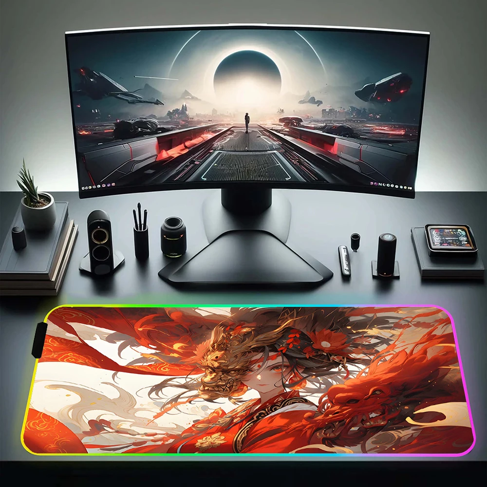 RGB Gaming Mousepad Anime Large With Backlit Computer Mouse Pad Office Non-Slip LED Mouse Mat 900x400mm Locking Edge Desk Mat XL