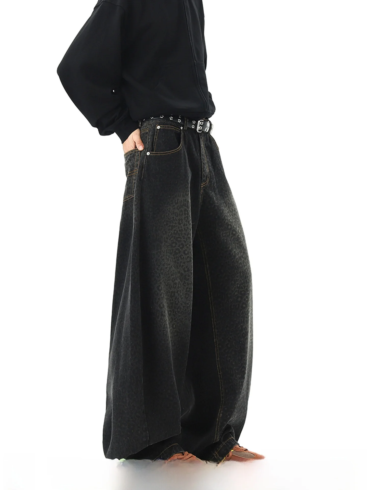 

Retro American Black Leopard Print Knife Jeans Men Spring High Street Trendy Loose Straight Leg Wide Leg Long Pants