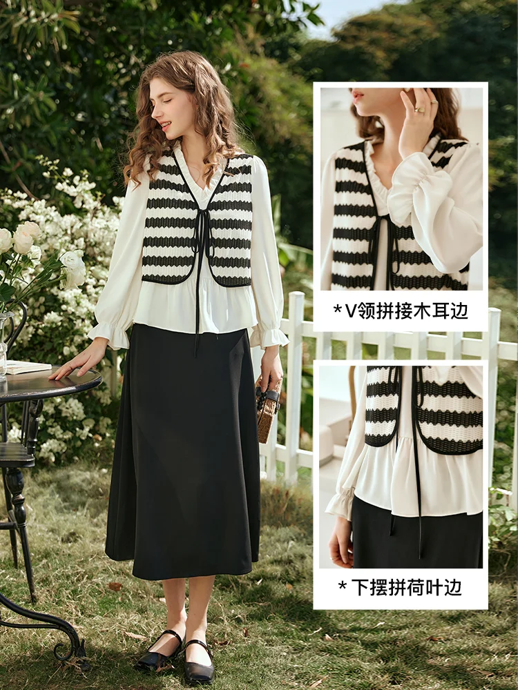 OLrain Women Striped Spliced Blouse 2025 Autumn Temperament Chiffon Shirt Fake Two-piece Tops Lace-up Female Clothing O24CX89835