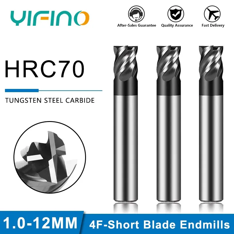 YIFINO HRC70 4-Flute Short Blade Milling Cutter Tungsten Steel Carbide U-Groove Flat End Mill For CNC Center Endmills Tools