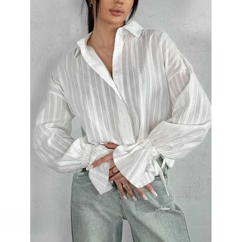 

Fashionable French Style Button up Shirt with Pleated Flared Sleeves And Stand Collar for Women Mid-Length Casual Shirt
