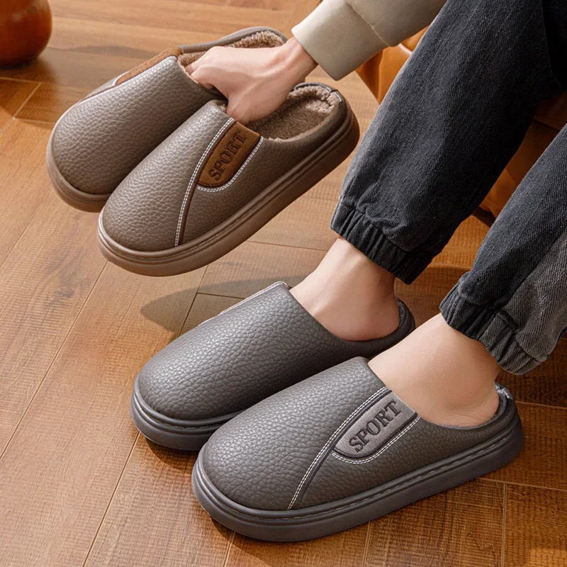 2026 Men's Winter Fleece Lined House Slippers, Waterproof Plus Size Warm Fuzzy Home Shoes, Non-slip Thick Sole Indoor Walking