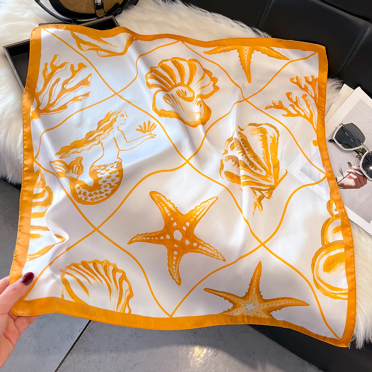 Modische Seidenschals mit Ozeanmuschel-Muster für Damen, Weiche Halstücher, Hijab-Kopftücher, Foulard-Bandanas, Dekorative Schals – Detail 4
