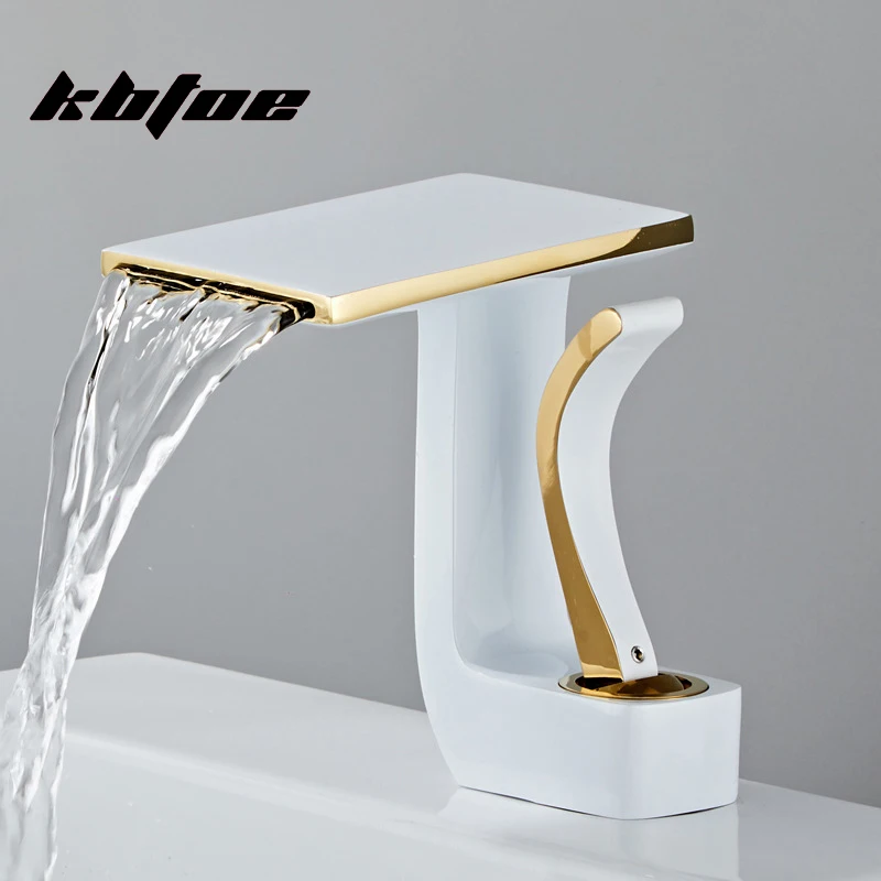 

Brass Modern Basin Wash Faucet Bathroom Deck Mounted Waterfall Hot and Cold Water Sink Mixer Tap Square Luxury Vessel Crane