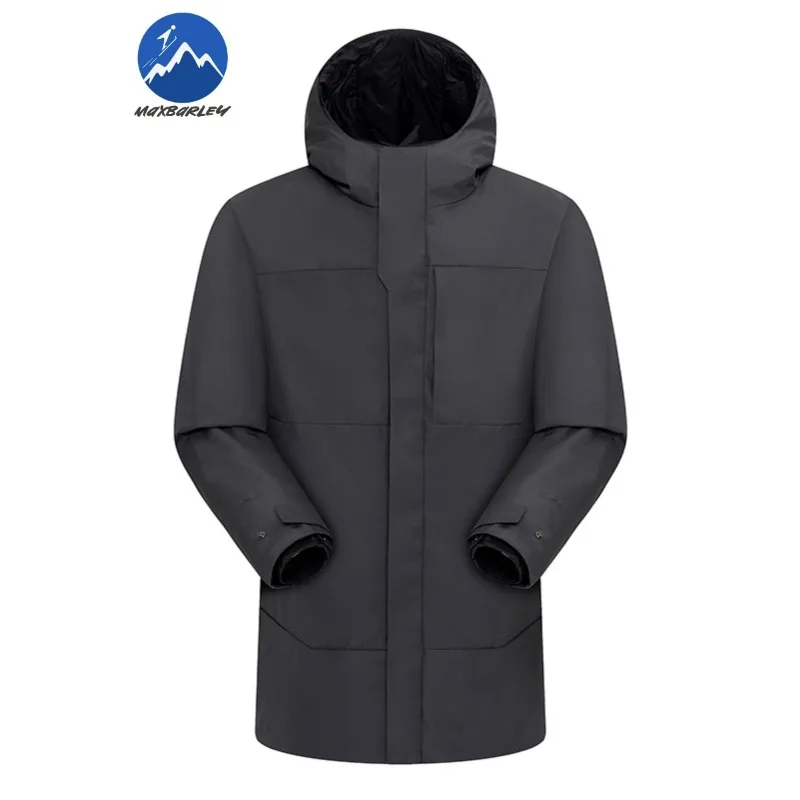 Maxbarley Down Jacket Men Hooded Outdoor Hiking Waterproof Coat Casual Mountaineering Warm Cold Protection Mid Long Down Garment