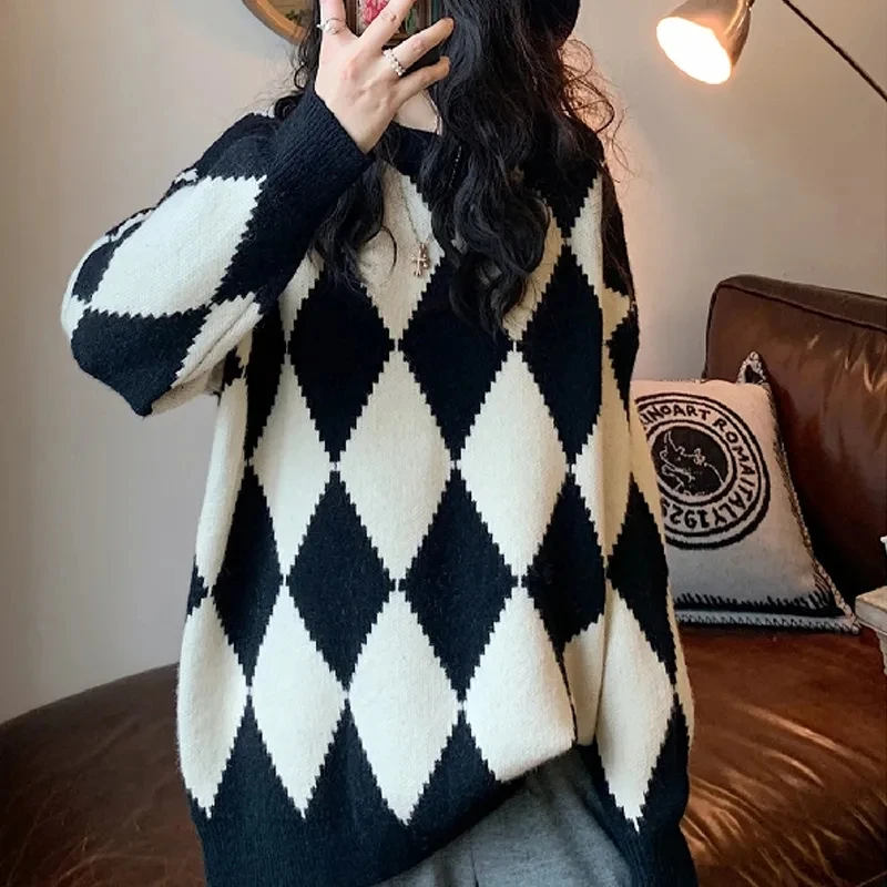 

Winter Women Pullover Sweater Korean Fashion Retro Diamond Plaid Round Neck Loose Oversized Knitted Tops Thickened Warm Jumper