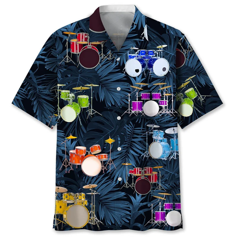 Vintage Drums 3d Printed Hawaiian Shirt For Men Musical Instruments Graphics Short Sleeves Shirts Street Loose Lapel Blouse