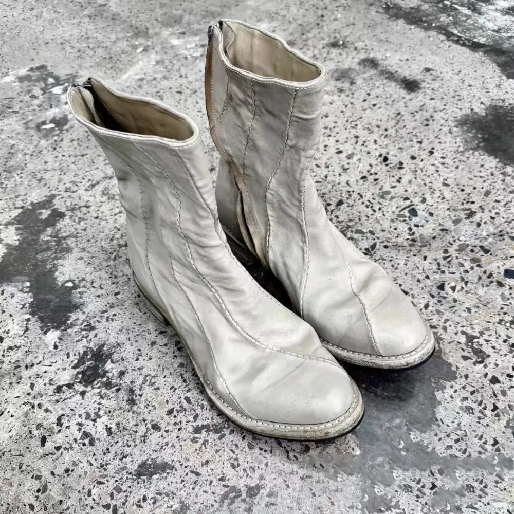 Men's Fashion White Sewing Side Zipper Riding Boots Pointed Toe Thick-Heel Mid-calf Punk Western Chelsea Boots Grunge Shoes