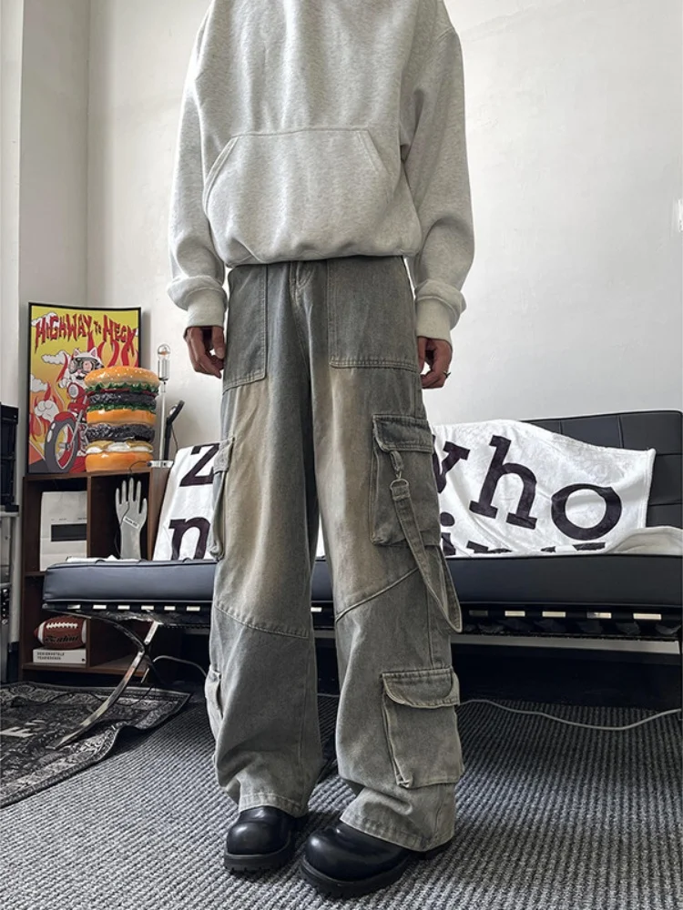 

Мужские рабочие джинсовые брюки с множеством карманов, прямые, свободные, широкие, на весну-осень, прочные, повседневные, модные джинсы