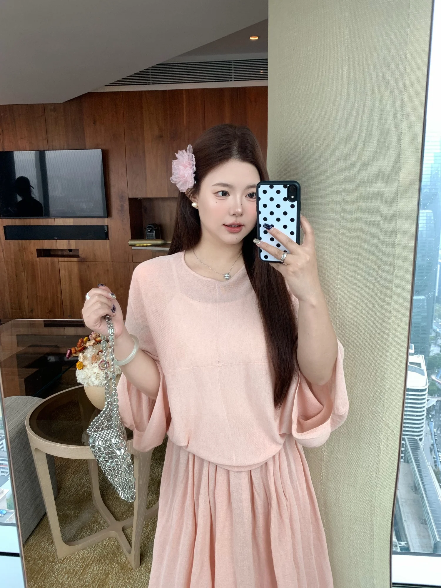 

Нежно-розовый вязаный свитер-батвинг для полных женщин, стройнящий, повседневный, из полиэфирного волокна, женский топ-пуловер