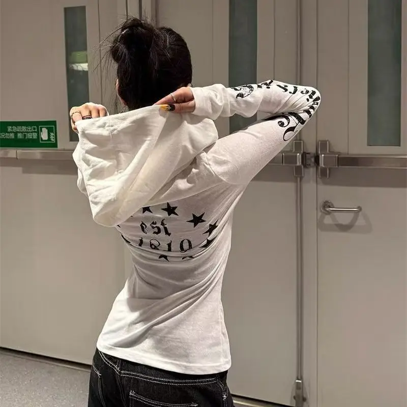 

Gothic Punk Letter Print Hot Girl Hooded Long-Sleeved T-Shirt Women Slim Korean Retro Fashion Personalized Casual Top