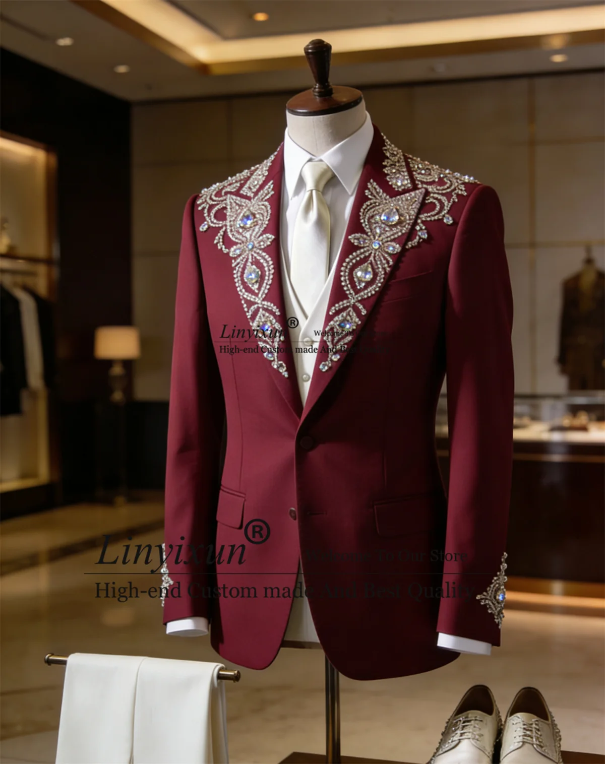 

Glitter Jewelry Ornament Men Suit 3 Piece Sets Male Prom Blazers Outfit Customized Wedding Groom Tuxedos Slim Fit Costume Homme