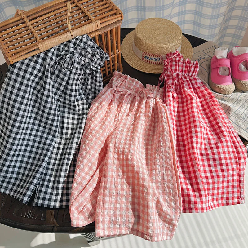 2024 New Kid's Ankle-length Pants 2-7 Y Girls' Summer Straight Plaid Wide Leg Niners Children's Thin Bud Culottes