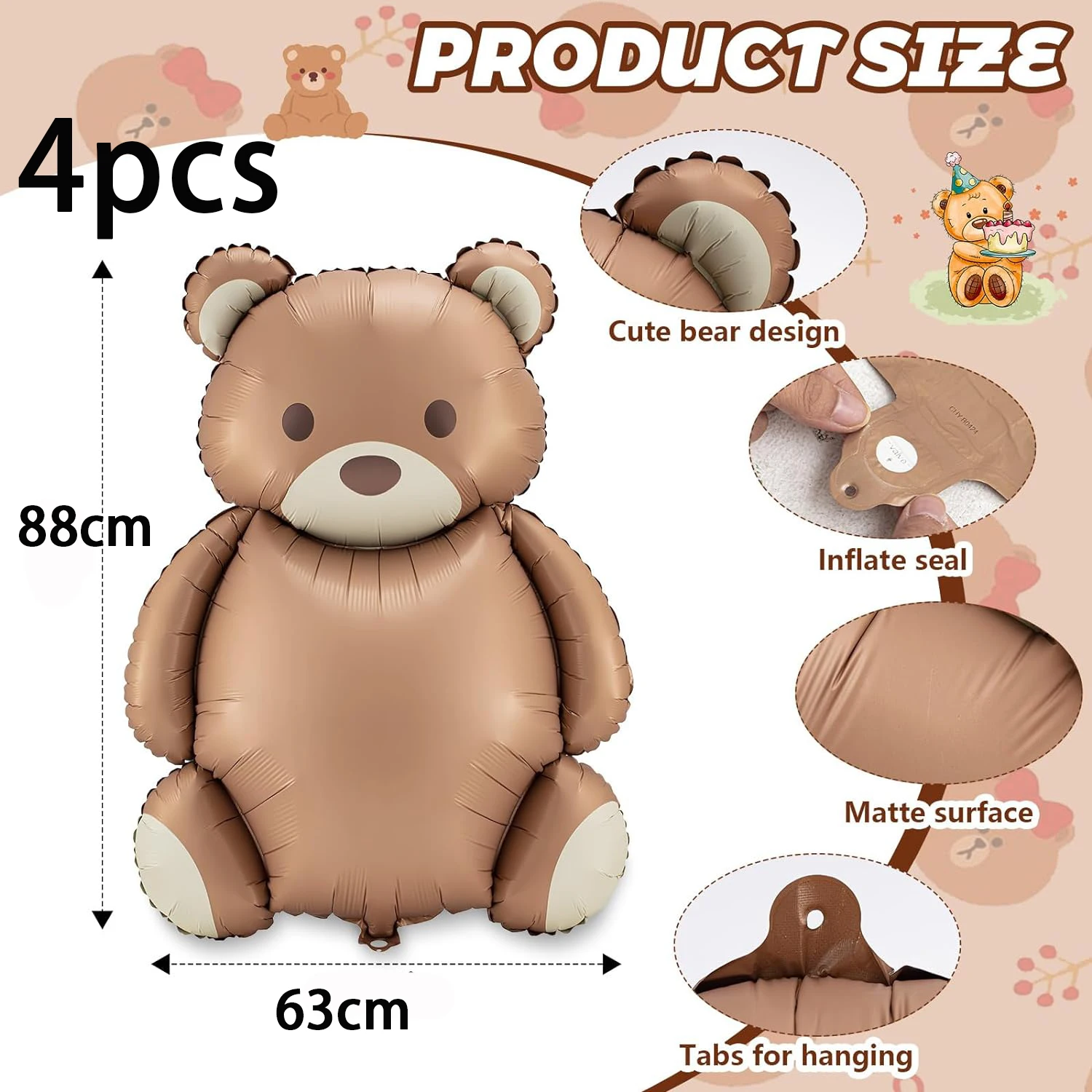 4pcs cartoon shaped frosted teddy bear aluminum film balloon for boys birthday party decoration and one-year commemorative decor