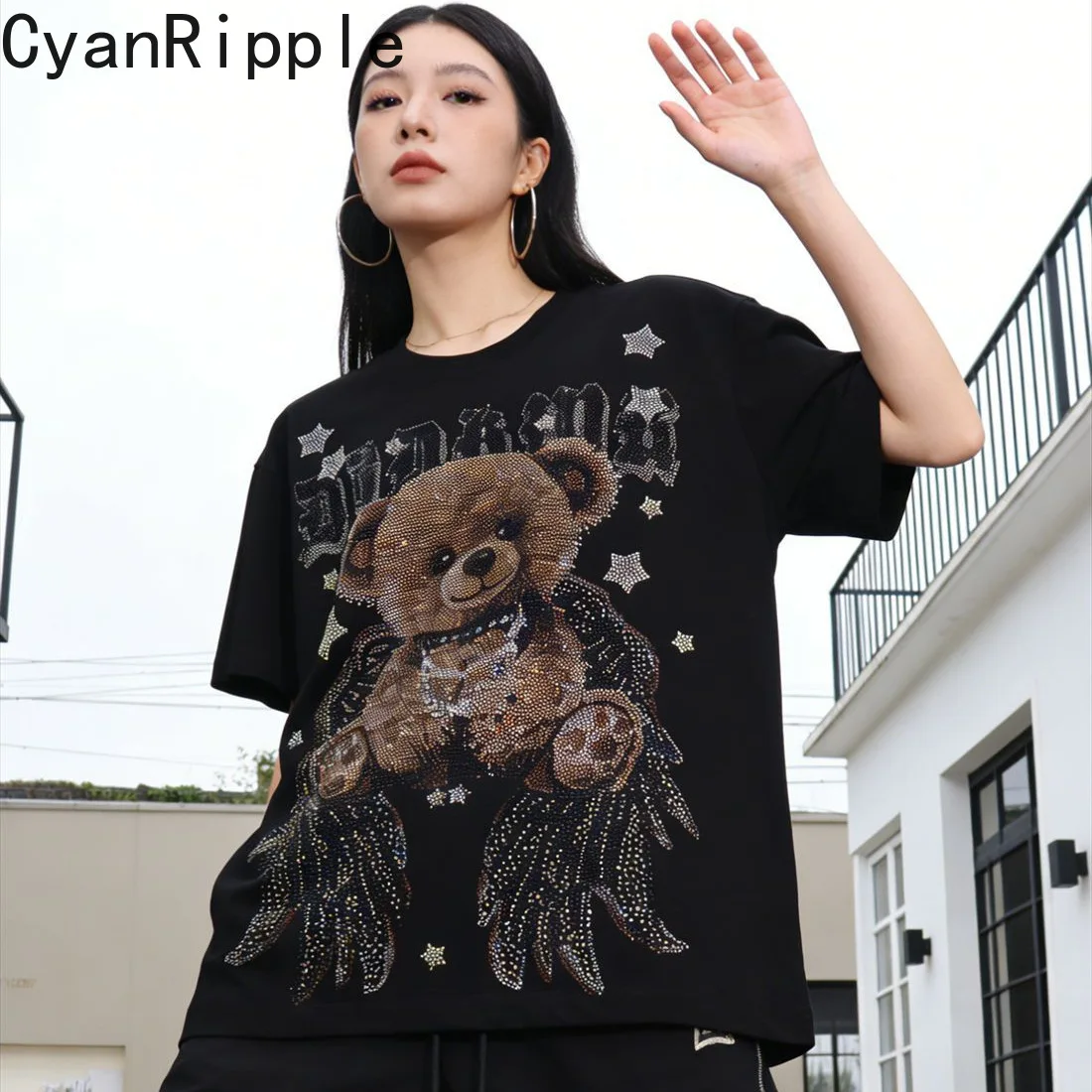 Trendy New Spring Summer Large Size Cotton T-shirt Top All-match Round Neck Pullover Top Hot Diamonds Bear Casual Basic Tees