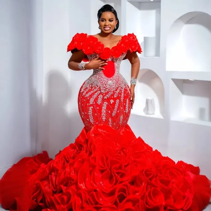 

Luxury Mermaid Crystal Bead 3D Flower Party Dress Sexy V-neck Wedding Guests Celebrity Special Occasion Ball Dress Customized