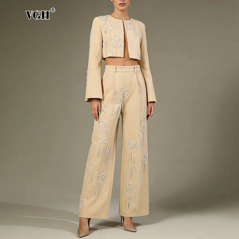 

VGH Office Two Piece Set for Women O Neck Long Sleeve Spliced Embroidery Cardigan Coat High Waist Wide Leg Pant Outfit Female